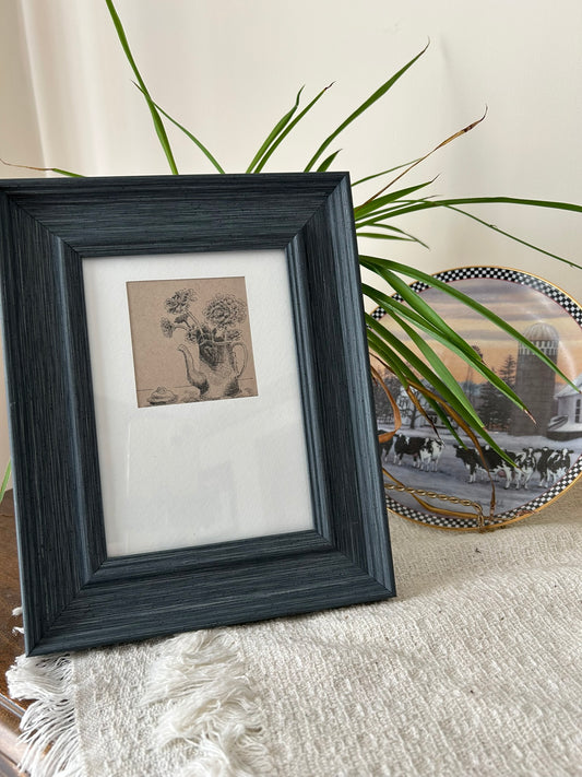 Zinnias in Coffee Pot Mini Pen Drawing