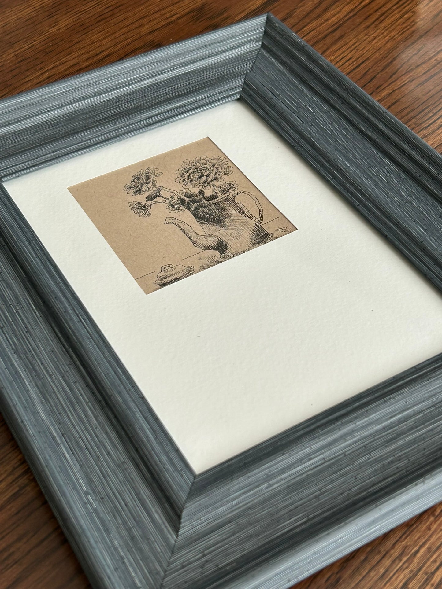 Zinnias in Coffee Pot Mini Pen Drawing