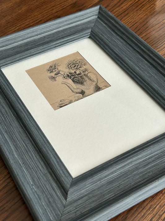 Zinnias in Coffee Pot Mini Pen Drawing
