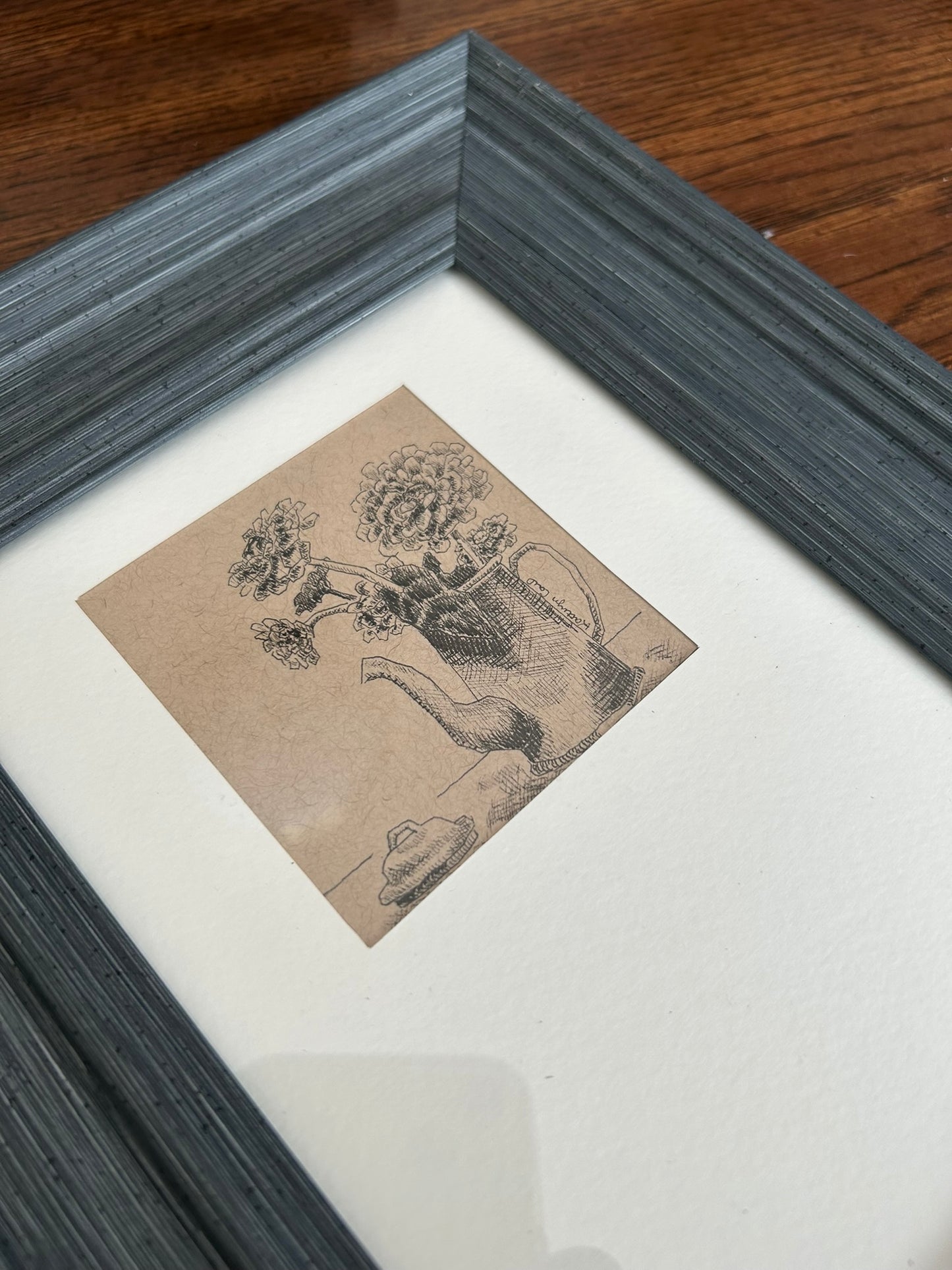 Zinnias in Coffee Pot Mini Pen Drawing