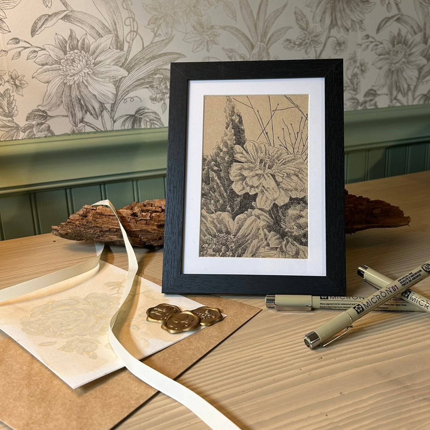 Zinnia Bouquet Pen Drawing