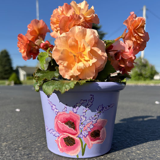 Poppy and Lavender Hand Painted Flower Pot